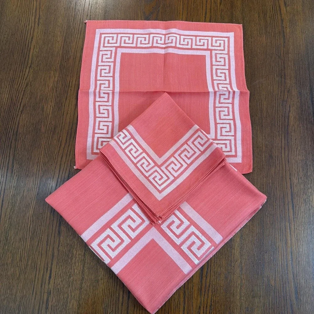 Greek Key Coral Salmon Square Tablecloth and Napkins 48